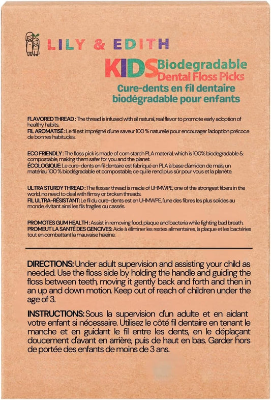 LILY & EDITH Kids Biodegradable Dental Floss Picks 200 Counts, Fluoride Free, Plant Based Material, Fun Animal Flossing Sticks, Ultra Sturdy Thread, Zero Waste Package (Unflavored)