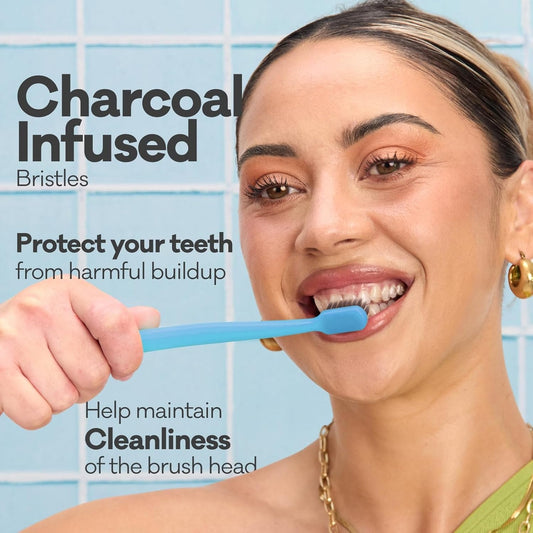 Grin Charcoal-Infused 100% Recycled Toothbrush, Medium, 4 Count (Pack of 2), Purple, Suitable for Sensitive Teeth and Gums