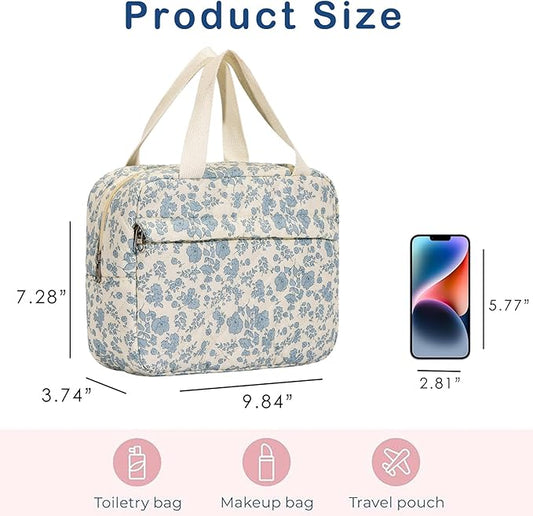 Large Size Quilted Coquette Makeup Bag, Cute Preppy Floral Cotton Travel Cosmetic Organizer Bag with Top Handle, Multi-Layer Travel Toiletry Pouch (01Lightblue Flower)