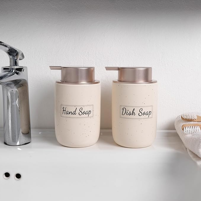 BosilunLife Apricot Soap Dispenser Set - 2 Pack 12oz Ceramic Dish Soap Dispenser with Rust Proof Pump for Kitchen, Hand Soap and Lotion Set Suitable for Farmhouse Bathroom Decor with Waterproof Labels