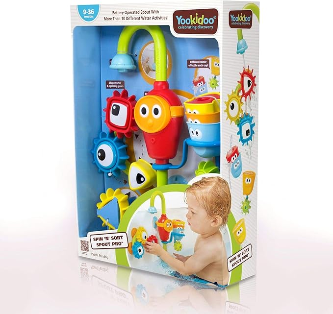 Yookidoo Bay Bath Toddler Toys (Ages 1-3) - 3 Stackable Cups, Spinning Gears, Hose & Spout for Water Play - Mold Free - Suction Cups Attach to Any Bath Tub or Shower - Spin N Sort Spout Pro