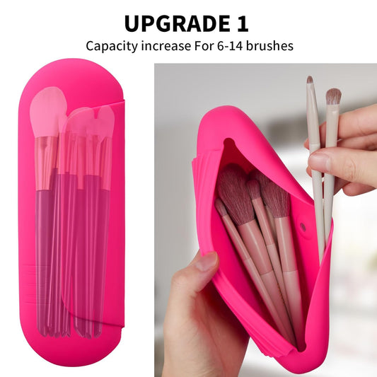 Silicone Makeup Brush Holder Travel Cosmetic Bag:Soft Portable Cosmetic Face Brushes Holder with Upgrade Anti-Fall Out Magnetic Closure, Large Travel Makeup Brush Case - Babbie Pink