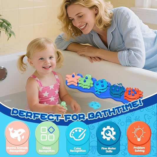 Toddler Bath Toys, Premium Silicone Mold Free Ocean Animal Shape Sorting & Stacking Baby Bath Toys, No Hole Bathtub Floating Toys Gift for Boys Girls, Early Learning Sensory Water Toys, Bathtime Fun