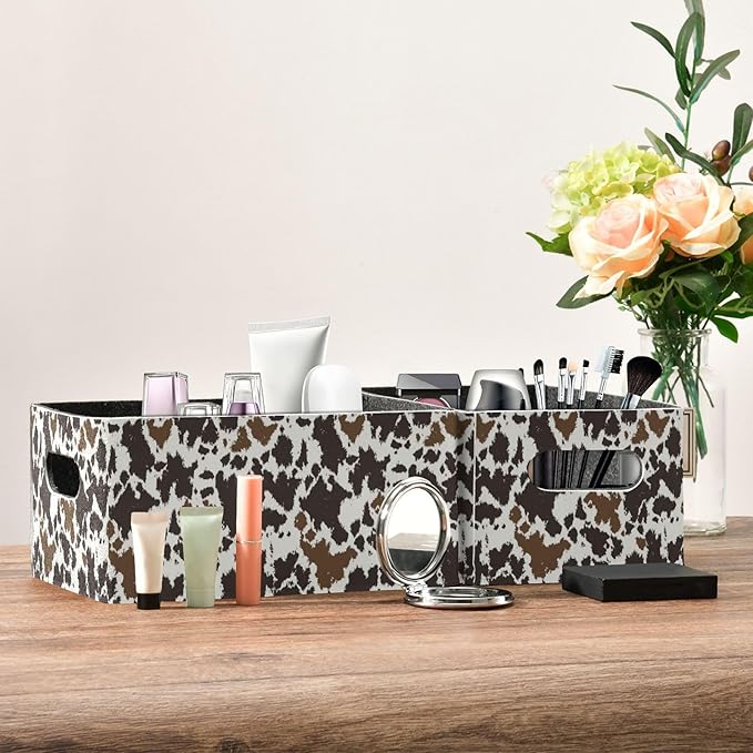 Kcldeci Cowhide Leather Storage Bins Baskets for Organizing 2Pack,Cow Print Sturdy Storage Basket Foldable Storage Baskets for Shelves Closet Nursery Toy