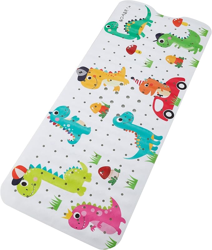 Bath Mat for Tub Non Slip Kids Bathtub Mat Extra Long 40X16 Inch Anti Slip Bathroom Toddler Shower Mat Baby Tub Mat with Suction Cups & Drain Holes (Dinos)