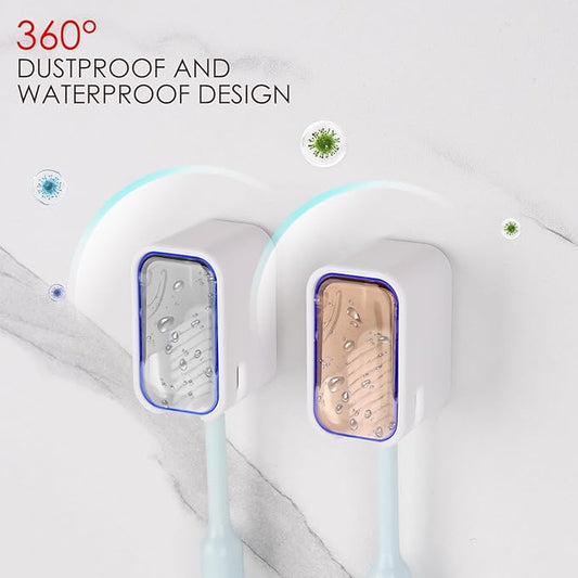 2 Pack Toothbrush Holders for Bathrooms Shower, Wall Mount Toothbrush Organizer with Cover, Self Adhesive Electric Toothbrush Storage, Quick Dry Toothbrush Hanger (Grey & Orange)