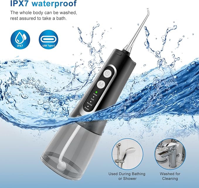 Cordless Water Dental Flosser oral irrigator,JNGOODS 300ml Rechargeable water flosser for teeth IPX7 Waterproof 4 Modes portable Oral Irrigator with 4 jet tips, Travel Home use (Black)