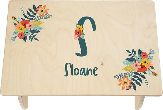 Floral Step Stool for Toddlers- Personalized Wood Kids Step Stool with Name for Kitchen Sink, Bathroom, Potty Training, Kitchen Sink- Sturdy and Safe- Made in USA by BloomOwl (Floral- Botanical)