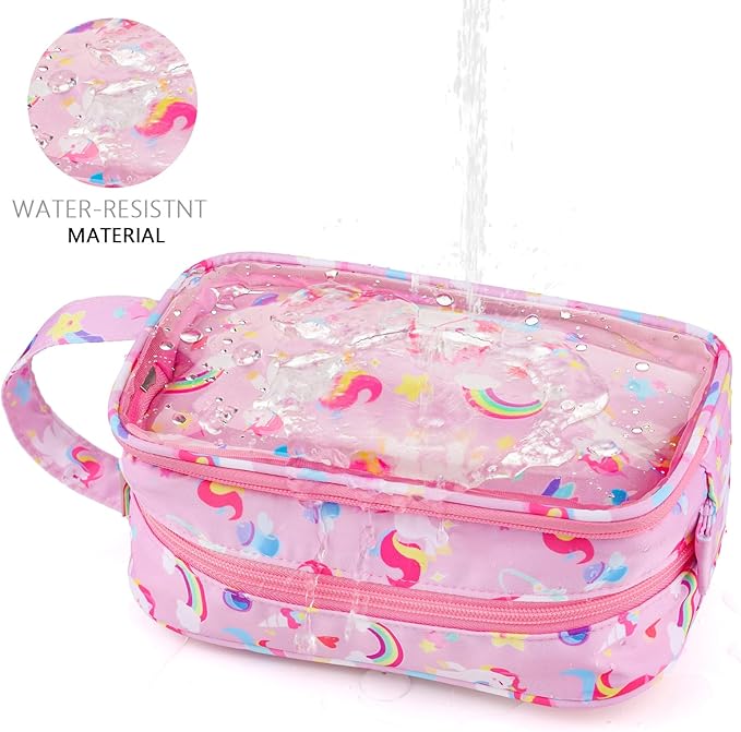 Kids Toiletry Bag for Girls, Travel Clear Toiletry Bag for Little Young Girls Cosmetic Bag Makeup Bag Waterproof Hanging Toddler Wash Bag, Pink Unicorn
