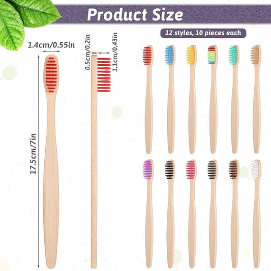120 Pcs Bamboo Toothbrushes, Natural Soft Bristle Toothbrush Individually Wrapped Travel Tooth Brush 12 Color Vegan Organic Toothbrushes for Adults Travel