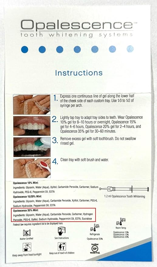 Opalescence 35% CP Mint - Gel Syringes Teeth Whitening - Refill Kit (4 Syringes Total) Carbamide Peroxide Gel. Made by Ultradent. Tooth Whitening Refill Syringes 5197-2