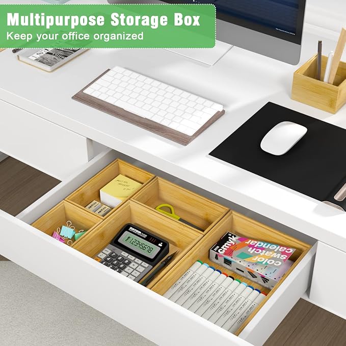 Bamboo Bathroom Drawer Organizer Dividers, Wooden Kitchen Utensil Holder Set of 5, Stackable Junk Drawer Organizer Tray, Multi-Use Storage Bins Boxs for Home, Office, Clothing, Makeup, Jewelry