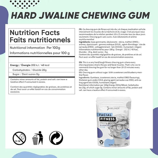 Jawliner® - Pioneers the Toughest Handmade 15x Harder Jawline Gum Includes 12 Weeks Coaching - Sugar-Free Blueberry Ice Gum - Jawline Exerciser for Mewing & Shaping the Jaw (2 Months Pack)