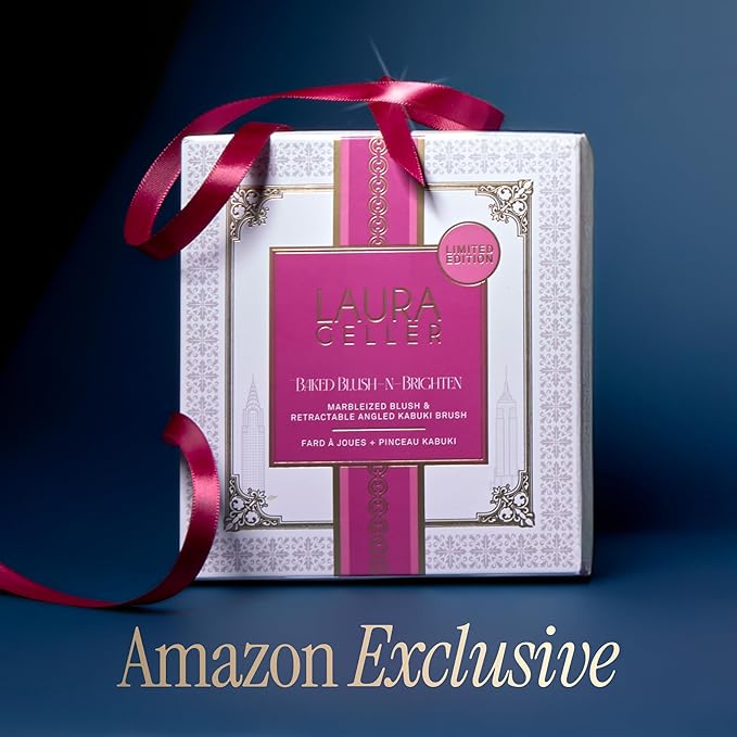 LAURA GELLER NEW YORK Holiday 2025 Limited Edition Baked Blush-n-Brighten Marbleized Blush - Skyline Sunset - Pink Color for Cheeks (02 Skyline Sunset + Kabuki Brush)