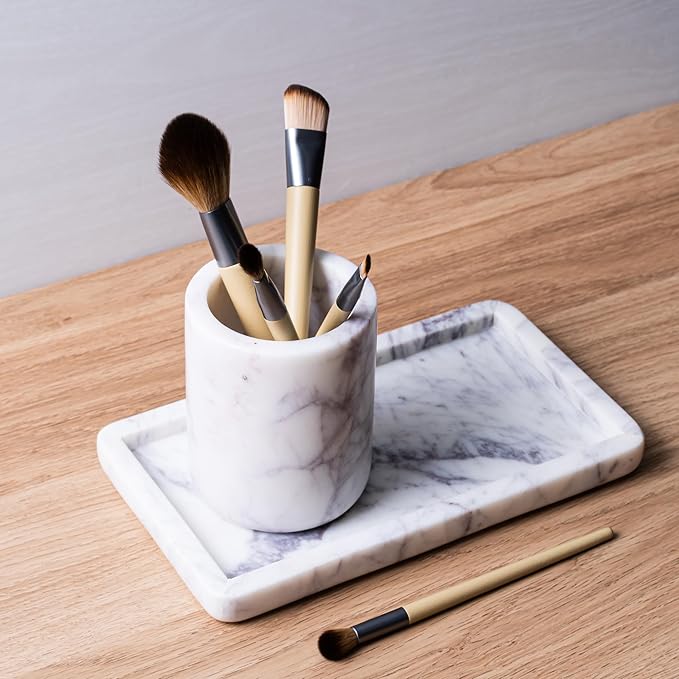 Cork & Mill Marble Toothbrush Holder Cup for Bathroom, Real White Marble Stone Bathroom Accessory, Aesthetic Decorative Countertop Organizer for Tooth Brush & Toothpaste