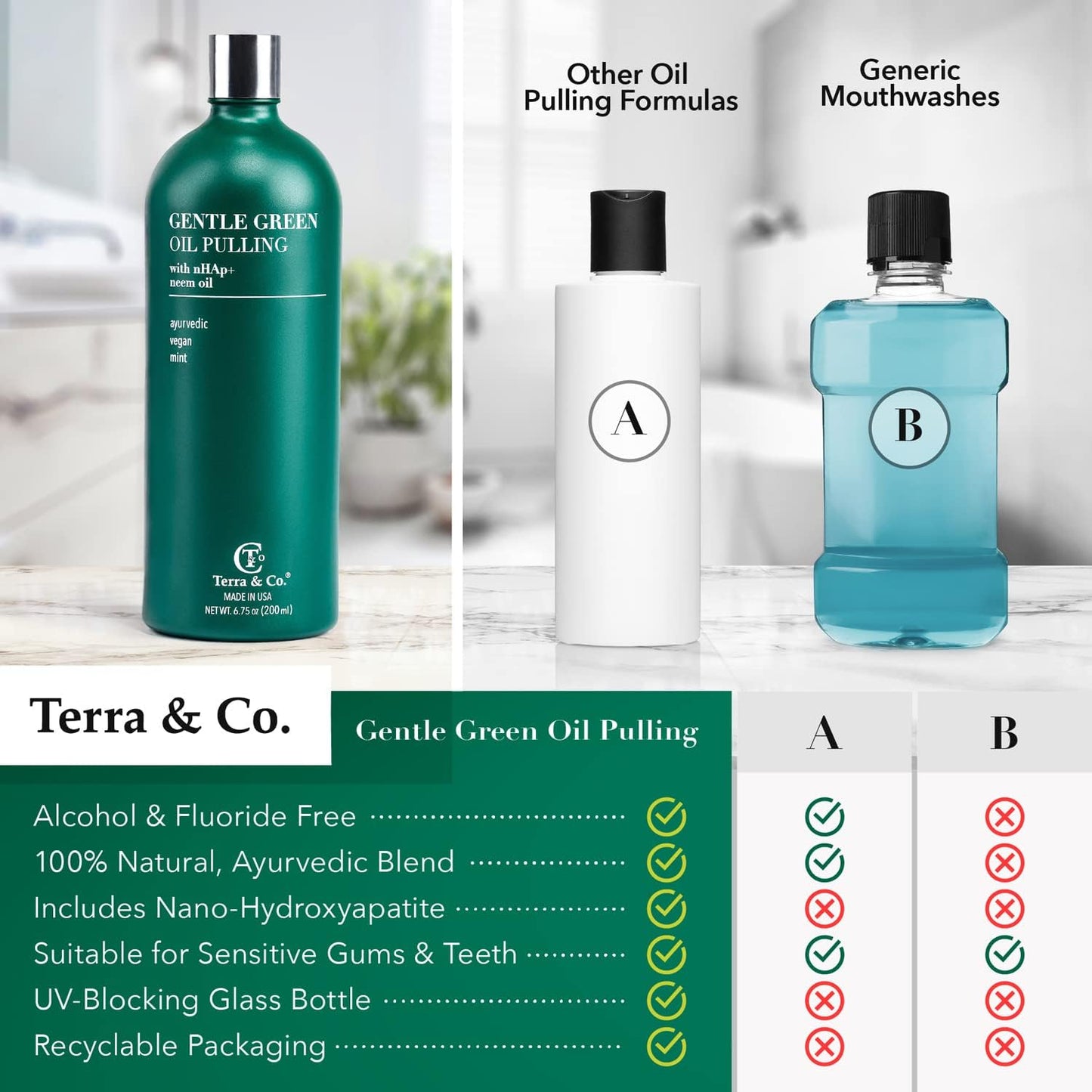 Terra & Co. Gentle Green Oil Pulling for Teeth and Gums - Vegan Natural Mouthwash No Alcohol or Fluoride to Improve Oral Health - Made with Cold Pressed Plant Oils and Nano Hydroxyapatite | 6.75 oz