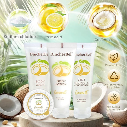 Hotel Amenities 200-Piece Travel Kit: Soap, Shampoo & Conditioner 2 in 1, Body Wash and Body Lotion Bulk Mini Kits for Toiletry Bags - Trial Size Bars & Sets