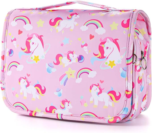 Kids Hanging Toiletry Bag for Girls, Travel Toiletry Bag for Little Young Girls Cosmetic Makeup Waterproof Wash Bag Toddler Traveling Toiletries, Unicorn Pink