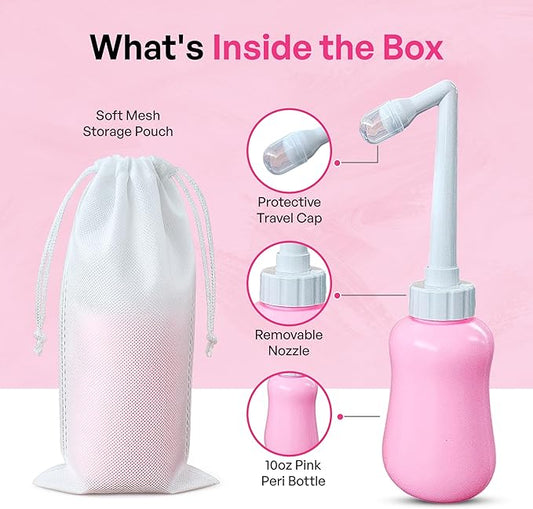 Portable Bidet Bottle for Women - Personal Upside Down Peri Bottle for Feminine Hygiene, Postpartum & Period Care with Angled Sprayer & Storage Bag - Perfect for Travel & New Moms (10 oz)