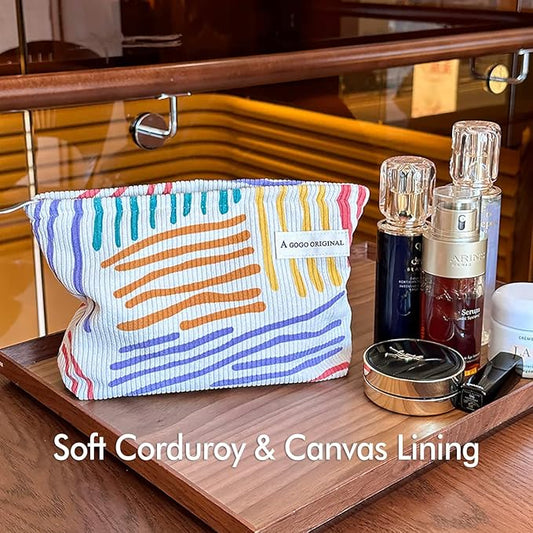 STARDW Cute Makeup Bag Aesthetic Cosmetic Bags for Women Girls, Travel Toiletry Bag Large Capacity Zipper Makeup Pouch, Purse Organizer Pouches,Canvas Lining (Colorful Stripes)