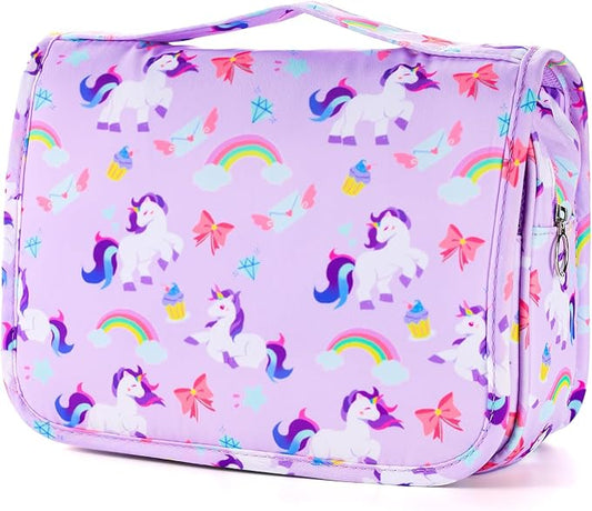 Kids Hanging Toiletry Bag for Girls, Travel Toiletry Bag for Little Young Girls Cosmetic Makeup Waterproof Wash Bag Toddler Traveling Toiletries, Unicorn Purple