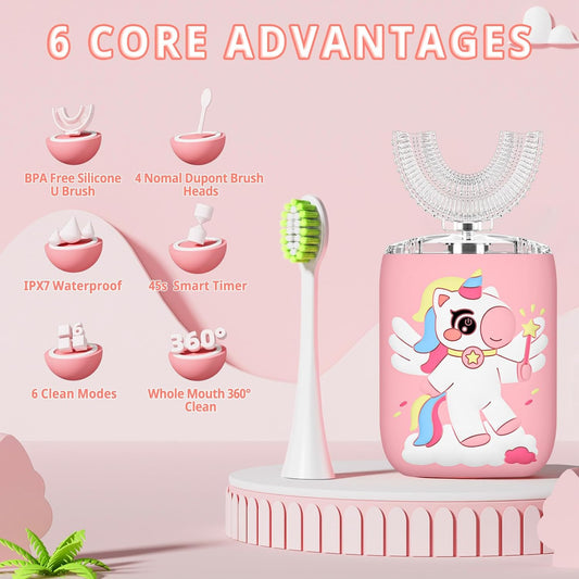 Kids Electric U Shaped Toothbrush Unicorn Rechargeable Sonic Toothbrush with 4 Soft Brush Heads with Kid Toothpaste IPX7 Waterproof - (Age 2-15, Pink)
