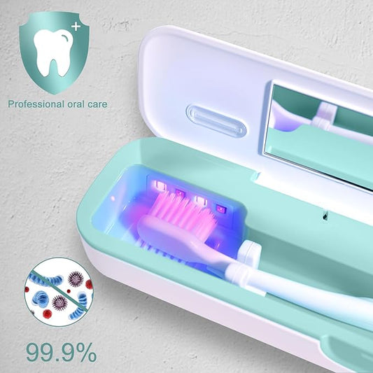 UV Toothbrush Sanitizer and Holder, Portable Travel Case and Cover, Toothbrush Cleaner Powered by AA Battery or USB-C, Fits Most Brushes