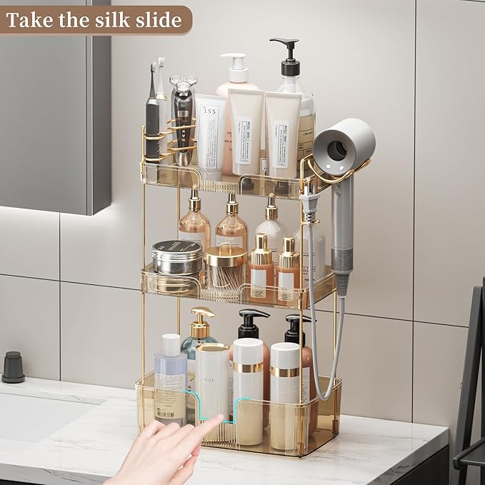 3 Tier Bathroom Organizer Countertop Makeup Perfume Tray Skincare Organizer Comes with Hair Dryer Rack and Toothbrush Holder for Bathroom Dresser Vanity (Gold)