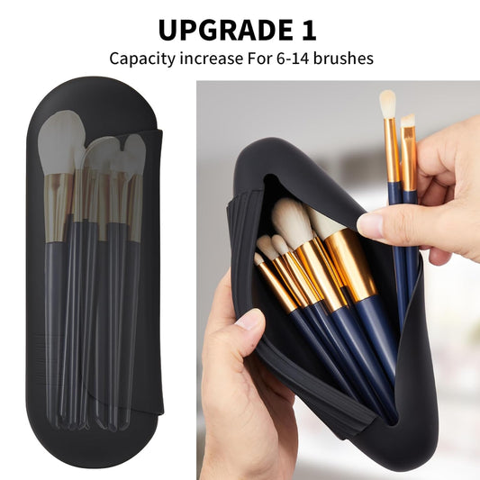 2 IN 1 Silicone Makeup Brush Holder with Beauty Make Up Sponge Holder Case:Soft Portable Cosmetic Face Brushes Holder with Upgrade Anti-Fall Out Magnetic Closure - Black