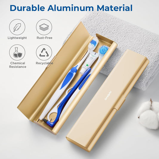 Wider Aluminum Toothbrush Travel Case, Portable Travel Toothbrush Holder, Durable Manual Toothbrush Box Container for Traveling, Bathroom, Camping, Business Trip-Not for 0.85oz Toothpaste, Gold
