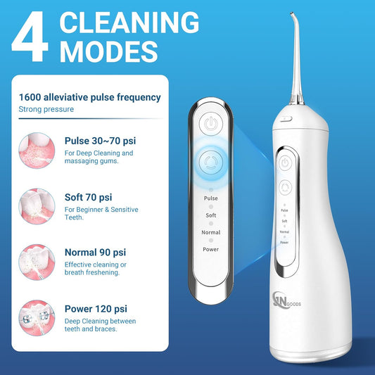 Cordless Water Dental Flosser Oral irrigator,JNGOODS 300ml Rechargeable Water flosser for Teeth IPX7 Waterproof 4 Modes Portable Oral Irrigator with 4 Jet Tips, Travel Home use (White)