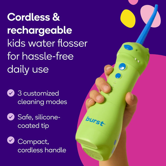 BURST Kids Water Flosser (Dinosaur) | Cordless & Rechargeable Water Flosser for Teeth | 3 Gentle Pressure Modes | Silicone Safety Tip | Braces-Friendly | Fun, Kid-Safe Design | 155mL Water Tank