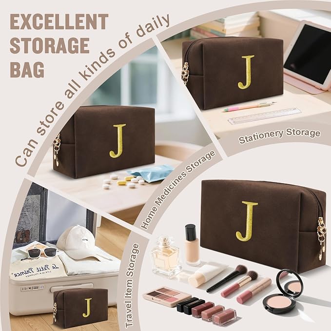 Personalized Initial Makeup Bag,Preppy Suede Cosmetic Bag for Teen Girls,Small Monogram Travel Toiletry Bag With Gold Embroidered Letter,Trendy Stuff Custom Christmas Gift for Women(Coffee-J)