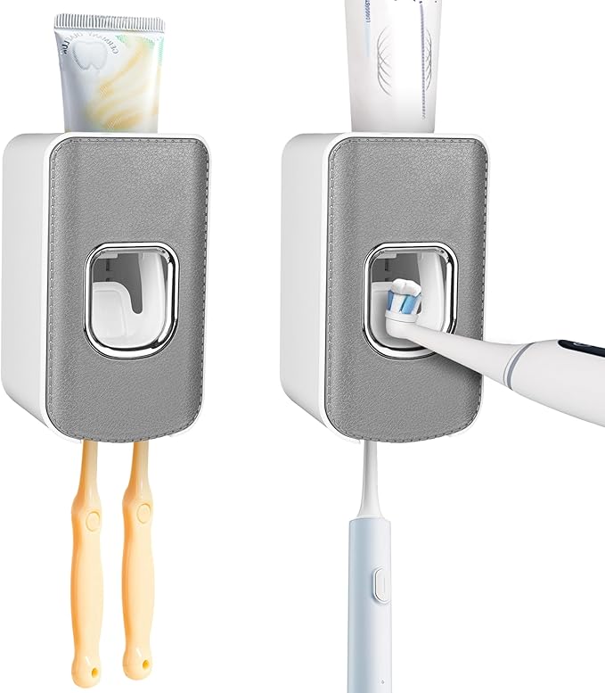 2 Slot Toothbrush Holder and Toothpaste Dispenser Wall Mounted, Automatic Toothpaste Squeezer, 2 in 1 Tooth Brush Toothpaste Organizer for Shower (Grey 2Pack)