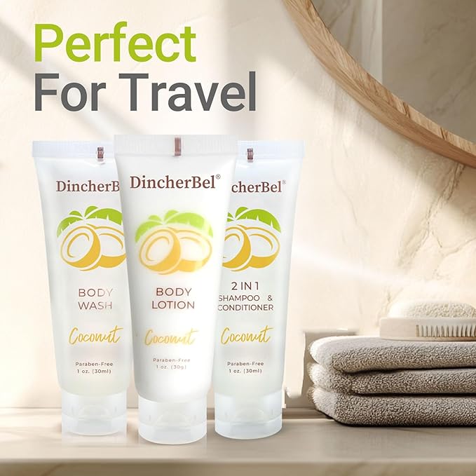 DincherBel Travel Size Body Wash and Body Lotion - Bulk Hotel Toiletries Supplies for Guests - Refreshing Tropical Coconut Scent Shower Gel and Body Cream for Men & Women (1 Fl Oz, 100 Pack)