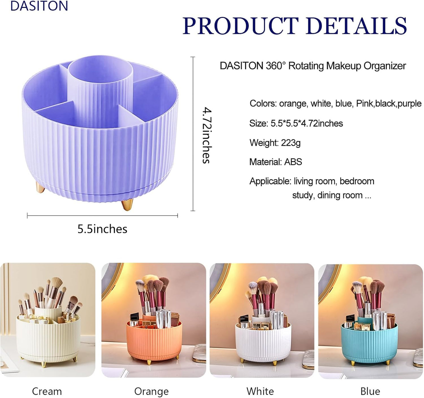DASITON Large Capacity Makeup Brush Holder,360° Rotating Makeup Organizer,5 Slot Makeup Brushes Cup,for Vanity Decor,Bathroom Countertops,Desk Storage Container,Cosmetic Display cases(Purple)