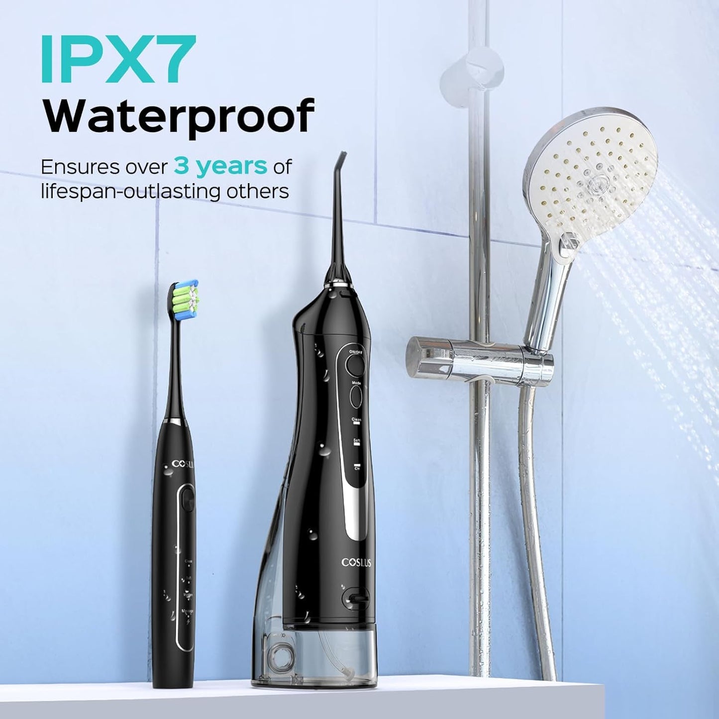 COSLUS Portable Water Flosser with Electric Toothbrush Combo: 2-in-1 Oral Clean Kit for Teeth, Braces, Gums Care - Brushing & Flossing for Adults, Family, Travel Use, BPA-Free, Black, C20 & C41