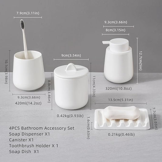 Ceramic Bathroom Accessories Set,Foam Soap Dispenser and Toothbrush Holder Set, Soap Dish, Apothecary Jars,4 Pieces for Home Apartment Modern Bathroom Decor Vanity Countertop(White Set - Foam)