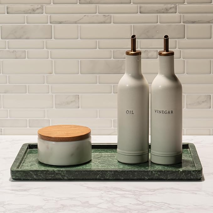 Cork & Mill Green Marble Tray for Bathroom Countertop, Kitchen Counter, or Catchall - 13" x 7½" Large Vanity Tray for Skincare or Perfume - Handcrafted Natural Marble Stone Organizer