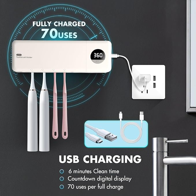Sanitizeri Toothbrush Holder, Sanitizeri Toothbrush Cleaner, 2000mAh Rechargeable Cordless Wall Mounted Holders for Bathroom, 4 Slots & Timer Function, Ivory