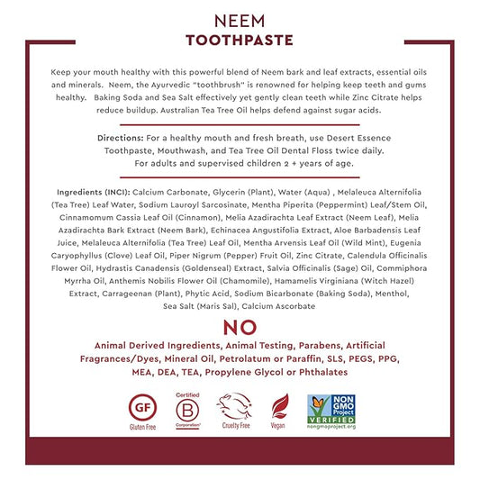 Desert Essence Natural Neem Toothpaste - Cinnamint - 6.25 Oz - Pure Essential Oil - Baking Soda - Complete Oral Care - Sea Salt - Refreshing Taste - Promotes Buildup Reduction