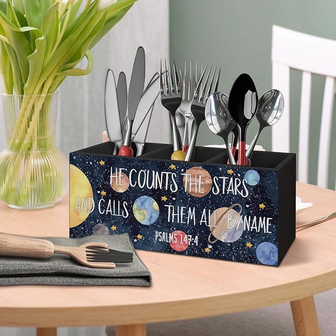 Space Christian Pen Pencil Holder for Desk, Space Nursery Decor, Navy Blue Solar System Bible Verse Decorative Sign for Toddler Nursery Kids Boys Room Desk Tabletop Decor