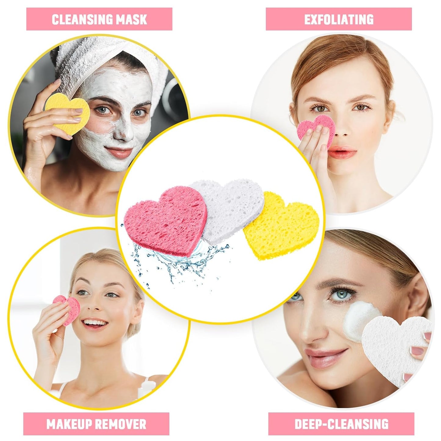 Nuenen 60 Pieces Facial Sponges with Container, Heart Shape Compressed Face Sponges Natural Cleaning Pads for Washing Face Cleaning Exfoliating Esthetician Makeup Removal (Pink,White, Yellow)