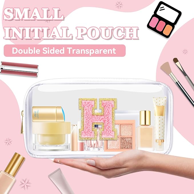 Small Clear Personalized Initial Makeup Bag,Nylon Preppy A-Z Chenille Letter Patch Cosmetic Pouch Beach Toiletry Bag,Waterproof Zipper Travel Purse Storage Bag Organizer for Women Girls(White-Pink H)