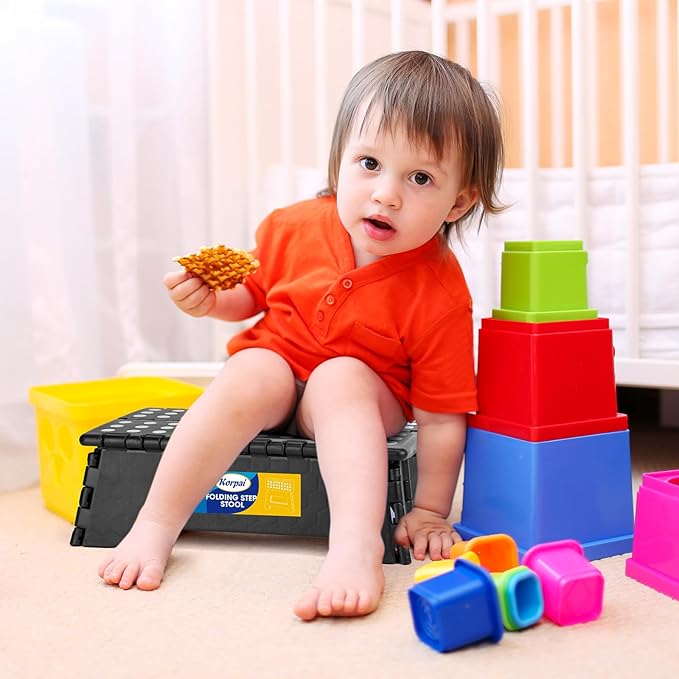 Korpai 5" Folding Step Stool for Adults and Kids 15-Inch Extra Wide Stool Holds Up to 300 lbs,Non-Slip Folding Stools with Handle,Compact Plastic Foldable Step Stool for Bathroom,Kitchen,ect