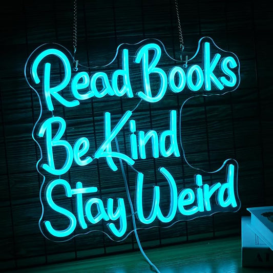 Read Books Be Kind Stay Weird Neon Sign Dimmable Ice Blue Read Books Led Neon Light for Wall Decor USB Powered Be Kind Light Up Sign for Classroom Study Room Bookstore Home Wall Decor
