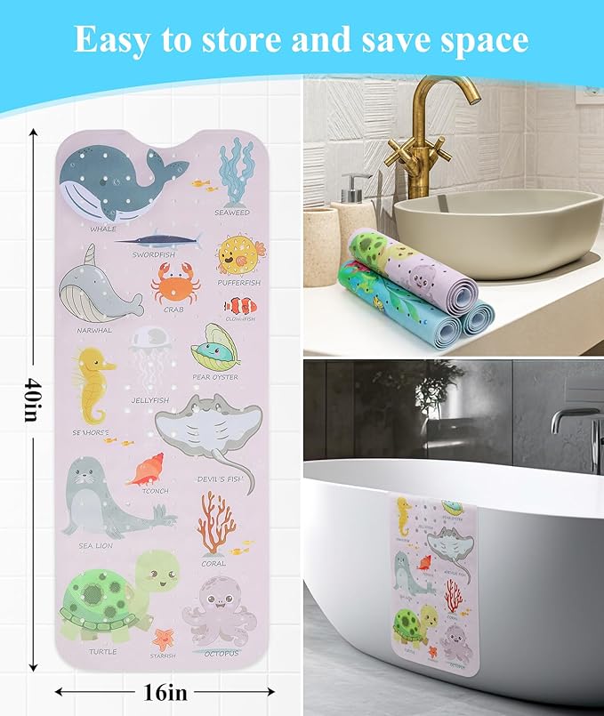Bath Mat for Tub Non Slip, Machine Washable Anti-Slip Cartoon Baby Bathtub Shower Mat with Drain Holes and Suction Cups for Toddler & Kids, 40 Inch x 16 Inch, Pink Sea Animals