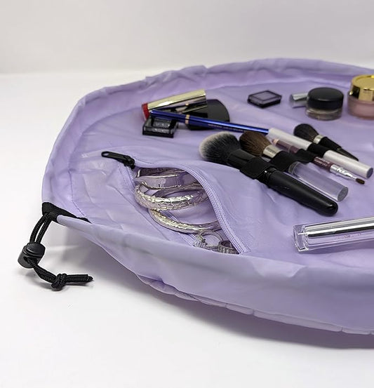 Lay-n-Go Cosmo Layflat Drawstring Cosmetic & Makeup Bag Organizer - Portable Drawstring Bag w/Zipper Pocket, Makeup Loops & More - Durable, Machine Washable Toiletry Bag for Travel (20", Quilted)
