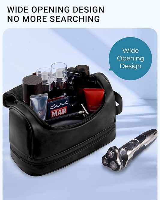 Elviros Toiletry Bag for Mens PU Leather Travel Organizer Kit with Hanging hook, Large Water-resistant Toiletries Bathroom Shaving Bags (Black)