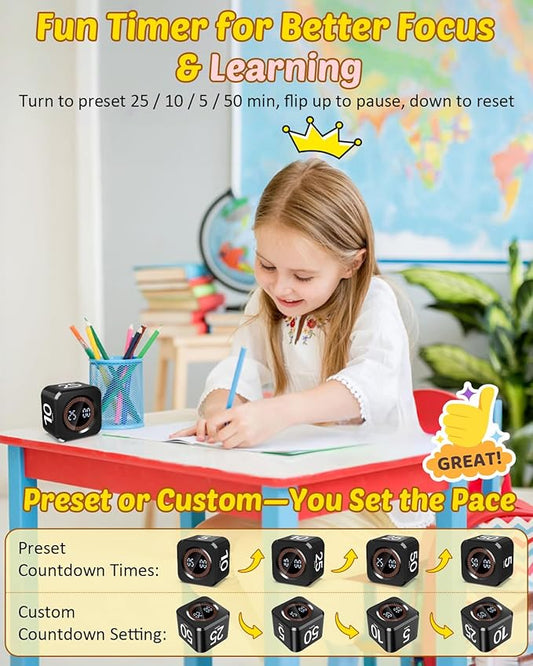 Pomodoro Timer Cube Visual Productivity Flip Timer for Kids Classroom Desk, 5/10/25/50min&Custom Countdown, Silent&Sound Mode Digital Cube for ADHD Study Work School Game Kitchen (Black)